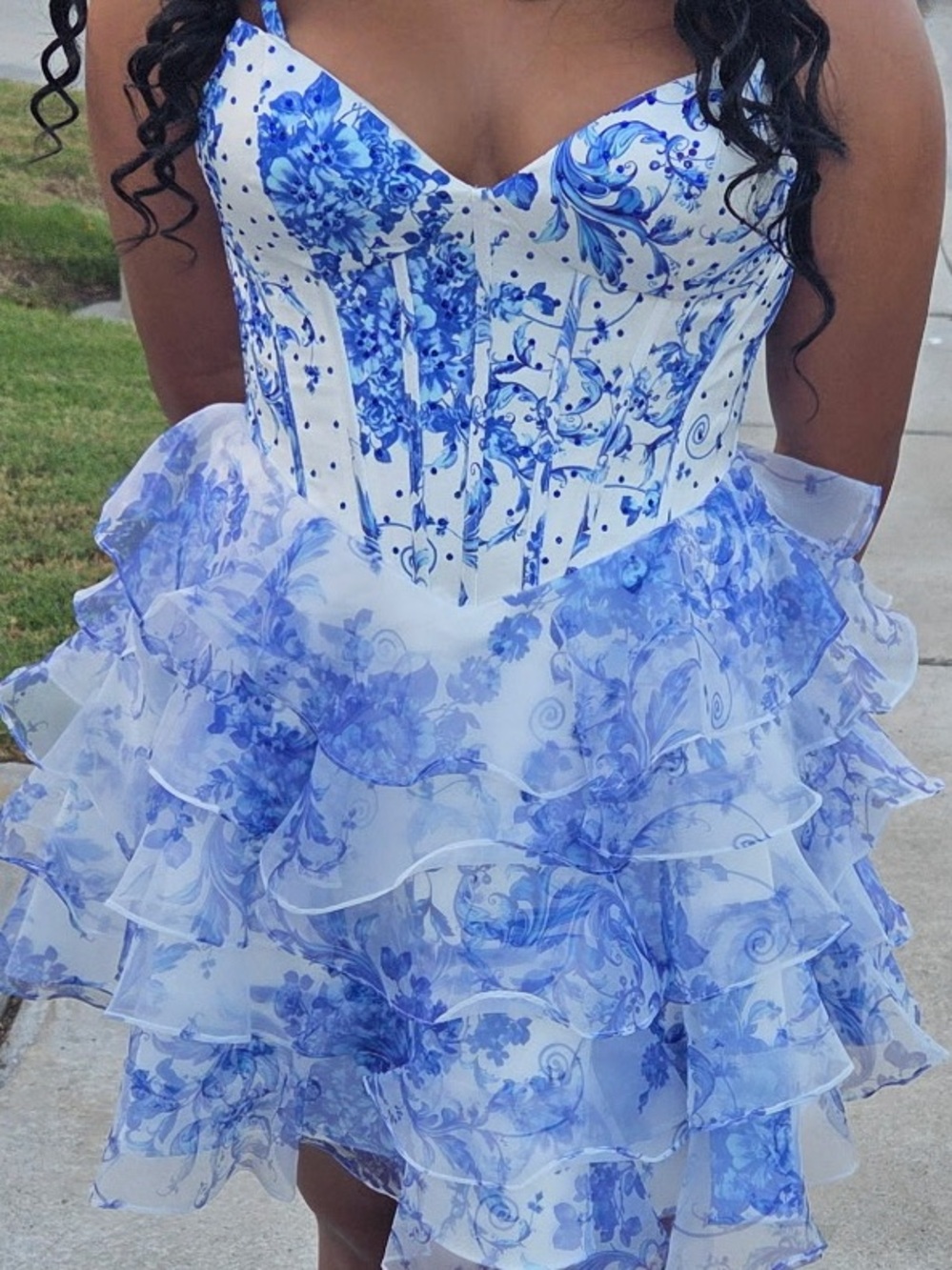 Blue and White Floral Ruffled Dress With Sequins